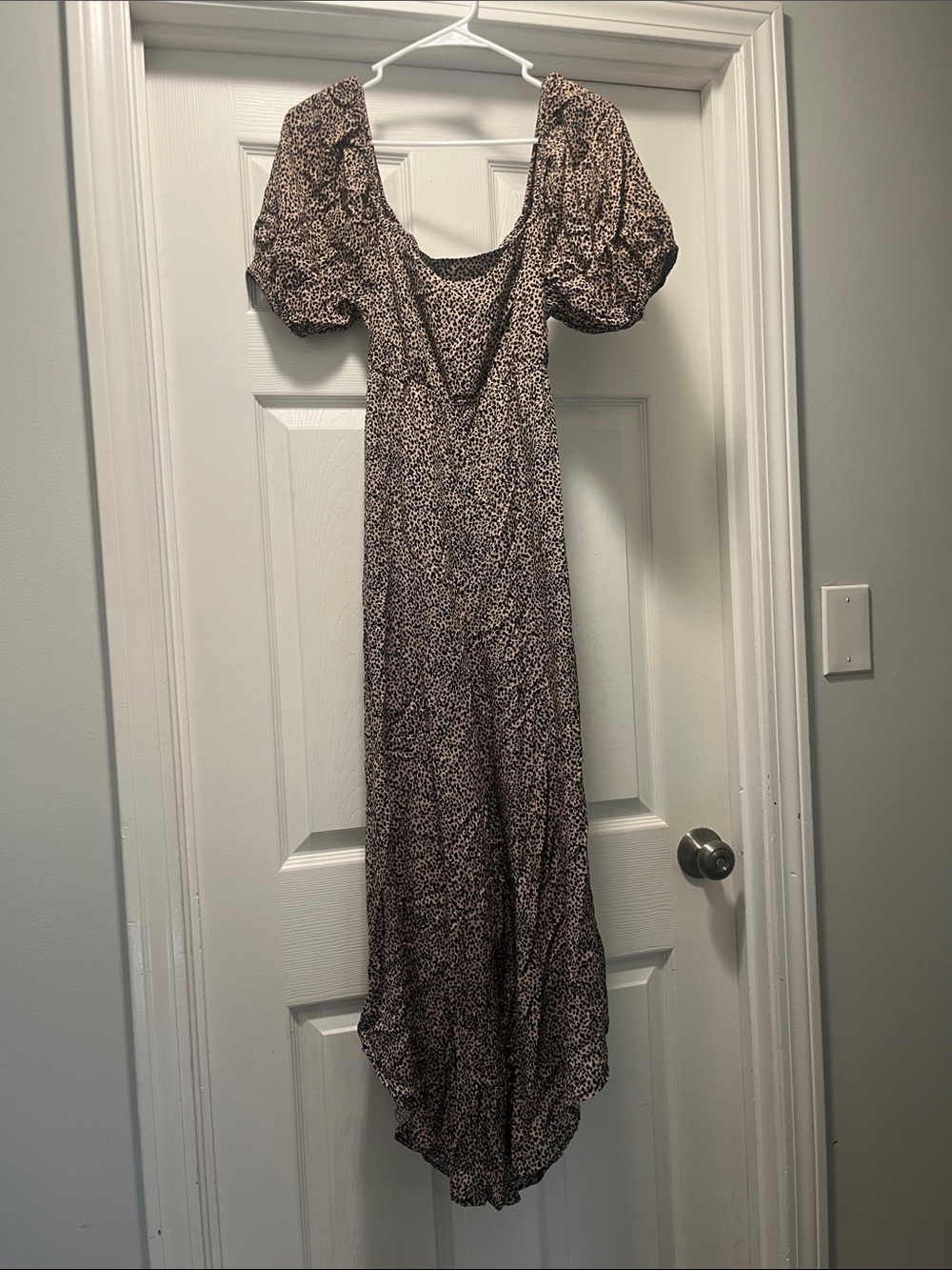 Women's Brown Animal Print Puff-Sleeve pant leg romper - with open back!